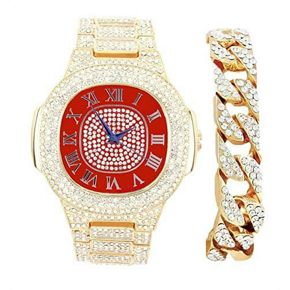 Bling-ed Out Cuban Bracelet with Oblong Iced Look Hip Hop Watch - 8475BC Cuban (Gold Blood Red ST10235SDR#)