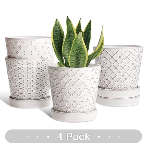 BUYMAX 5" White Ceramic Indoor Plant Pot with Drainage Holes & Tray, Relief Design Small Flower Pots, Set of 4, Modern Desktop Office Windowsill Decor