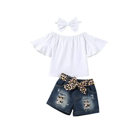 

aturustex Summer 1-6Y Toddler Baby Girl Outfit Off Shoulder Top Flare Shirt+Ripped Denim Shorts+Hairband (White)