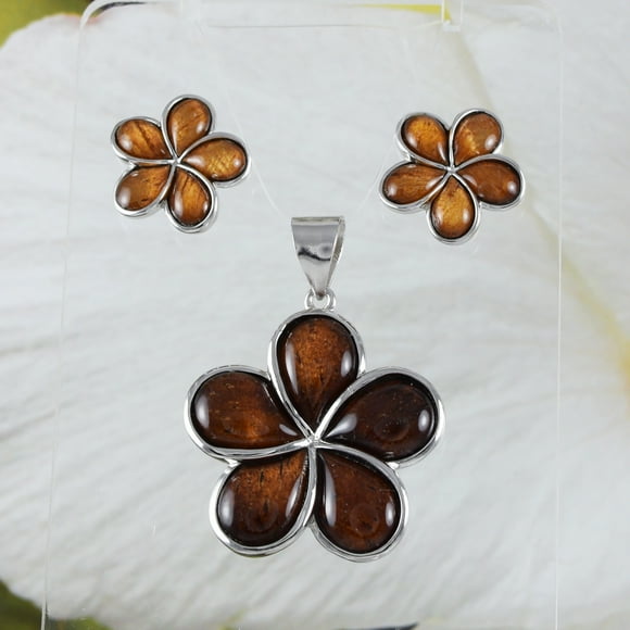 Unique Hawaiian Large Genuine Koa Wood Plumeria Earring and Necklace, Sterling Silver Plumeria Flower Pendant, N8511S Birthday Mother Gift