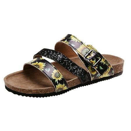 

Women\ s Beach Slippers Strappy Flower Printed Summer Open Toe Slide Shoes