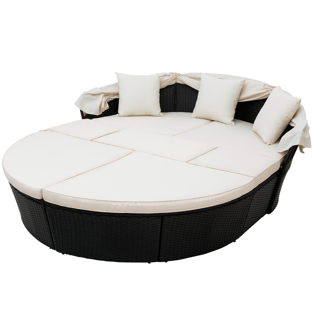 Outdoor Wicker Daybed, 7 Piece Patio Round Wicker Sectional Sofa Set with Retractable Canopy, Patio Conversation Furniture Sets with Beige Cushions for Backyard, Porch, Garden, Poolside, LLL4329 - image 4 of 10