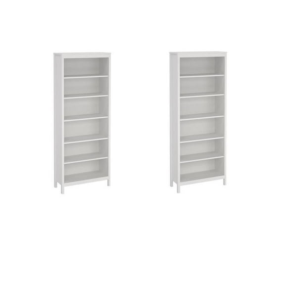 Pemberly Row Set of 2 Adjustable 6 Shelf Bookcase in White Finish