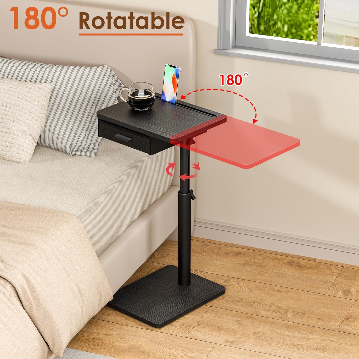 TV Tray Table with Swivel Top, Drawer, and Height Adjustment for Eating, Working, or as a Sofa Desk in Living Room or Bedroom