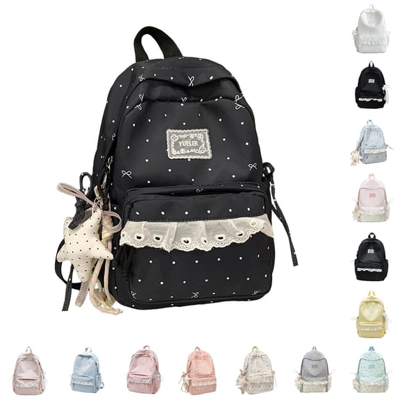 CUZIBR Girls Star Moon Floral Print Backpack Lace Trim Front Pocket Cute School Bag Lightweight Daypack For Youth Students Daily School Outdoor Travel