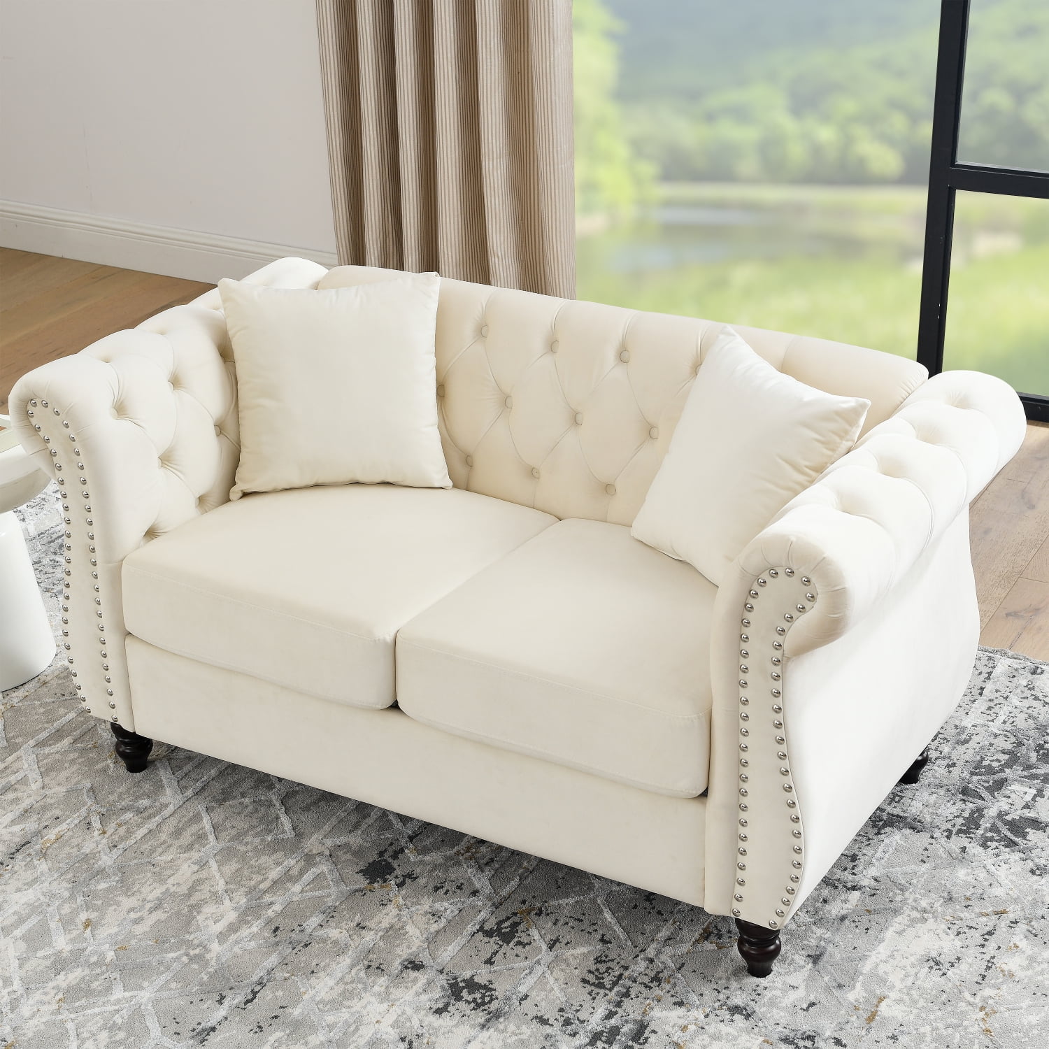 Youmumeub 58.8" Compact Chesterfield Velvet Loveseat Beige 2-Seater Tufted Nailhead Trim, Low Back, Solid Wood Feet, Foam & Spring Comfort — Apartment Friendly Sofa
