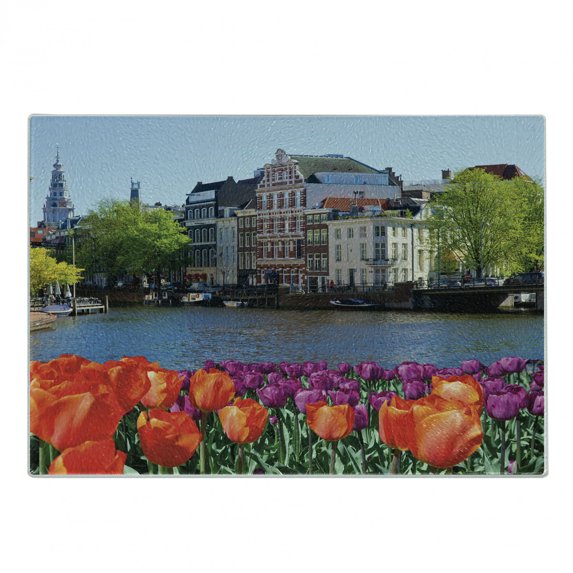 Landscape Cutting Board, European City Holland Amsterdam Scenery of Old Victorian Era Houses Art Print, Decorative Tempered Glass Cutting and Serving Board, Small Size, Multicolor, by Ambesonne