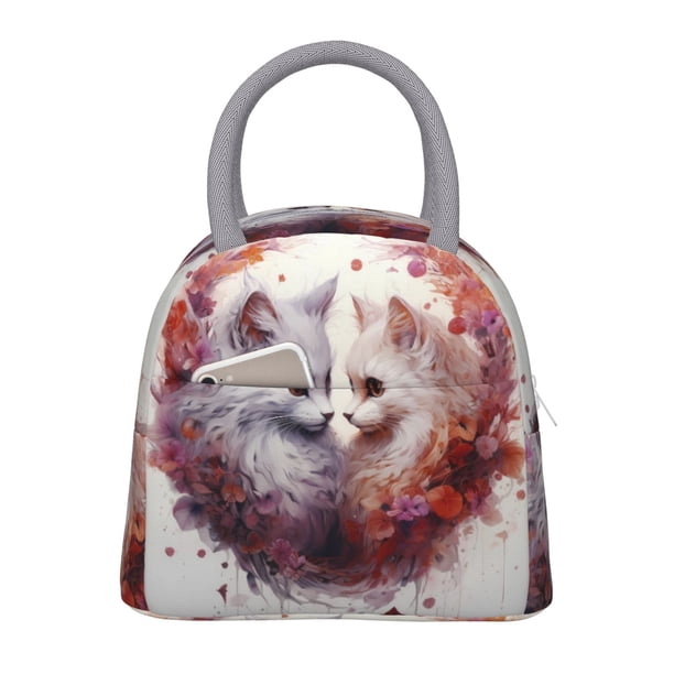 Easygdp White Red Cat Couple Bolsa de Almuerzo Insulada Grande, Forro de Aluminio, Diseño Espacioso, a Prueba de Fugas, Ideal para Trabajo, Picnics, Viajes y Actividades al Aire Libre