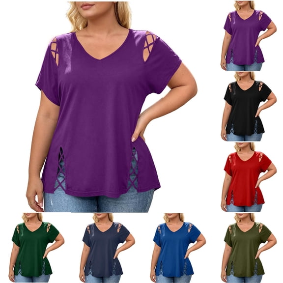FchengtaiS Plus Size Tops Womens Short Sleeve V Neck Tshirts Hollow Out Summer Dressy Casual Loose Blouses 1X-5X