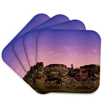 

3dRose A Western Scene with a Wagon at Sunset Set of 4 Coasters - Soft