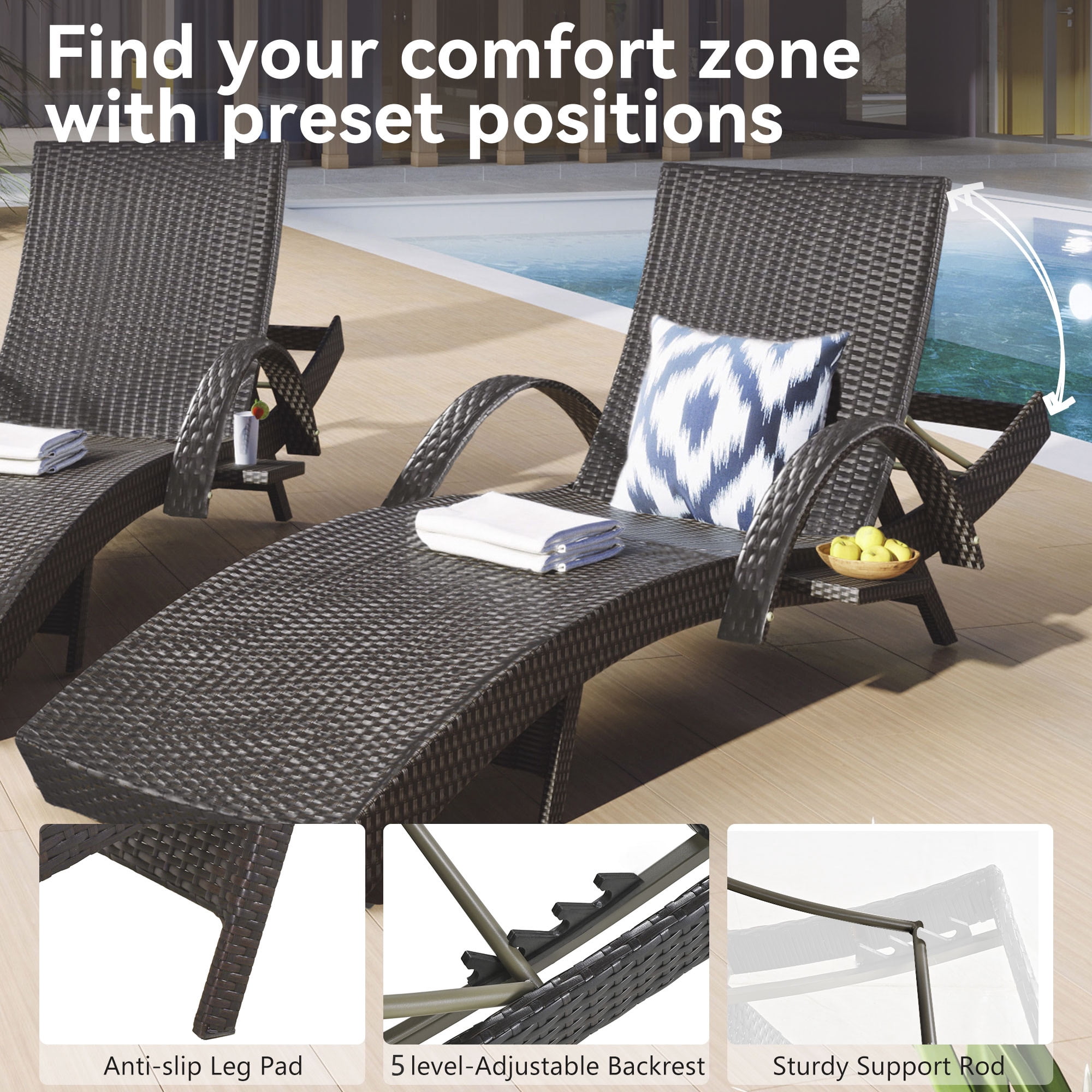 2 Pack Outdoor Wicker Reclining Lounge Chair, 5 Position Adjustable Backrest Pool Side Patio Lounger with Pull Out Side Table, Dark Brown