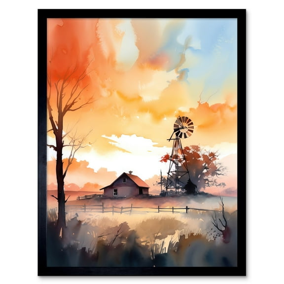 Sunrise Clouds over Countryside Farmhouse Cabin with Old Windmill Tower Modern Watercolour Painting Art Print Framed Poster Wall Decor 12x16 inch