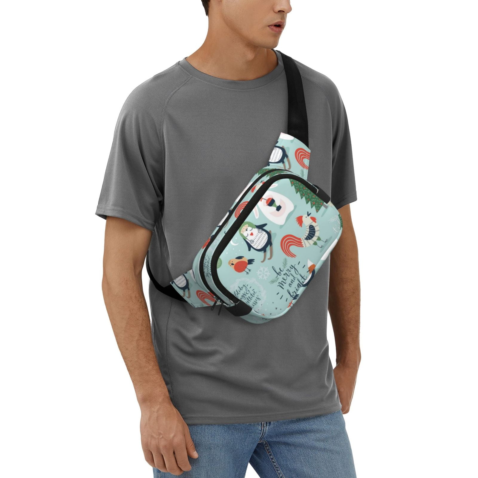 Picia Christmas Winter Animals Print Square Double-Layer Waist Bag Mini Adjustable Waist Belt Bag Exercise Running Travel Hiking