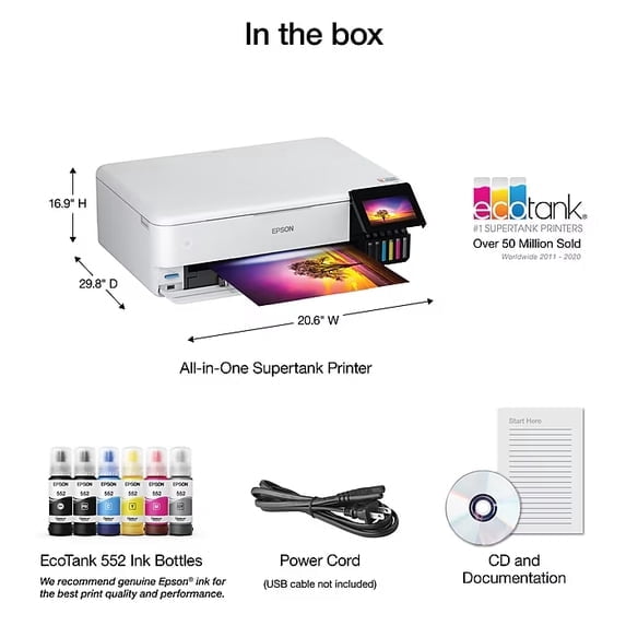 Epson EcoTank Photo ET-8550 Wireless Wide-Format Color All-in-One Supertank Printer with Scanner, Copier, Ethernet (Sold without manufacturer warranty)