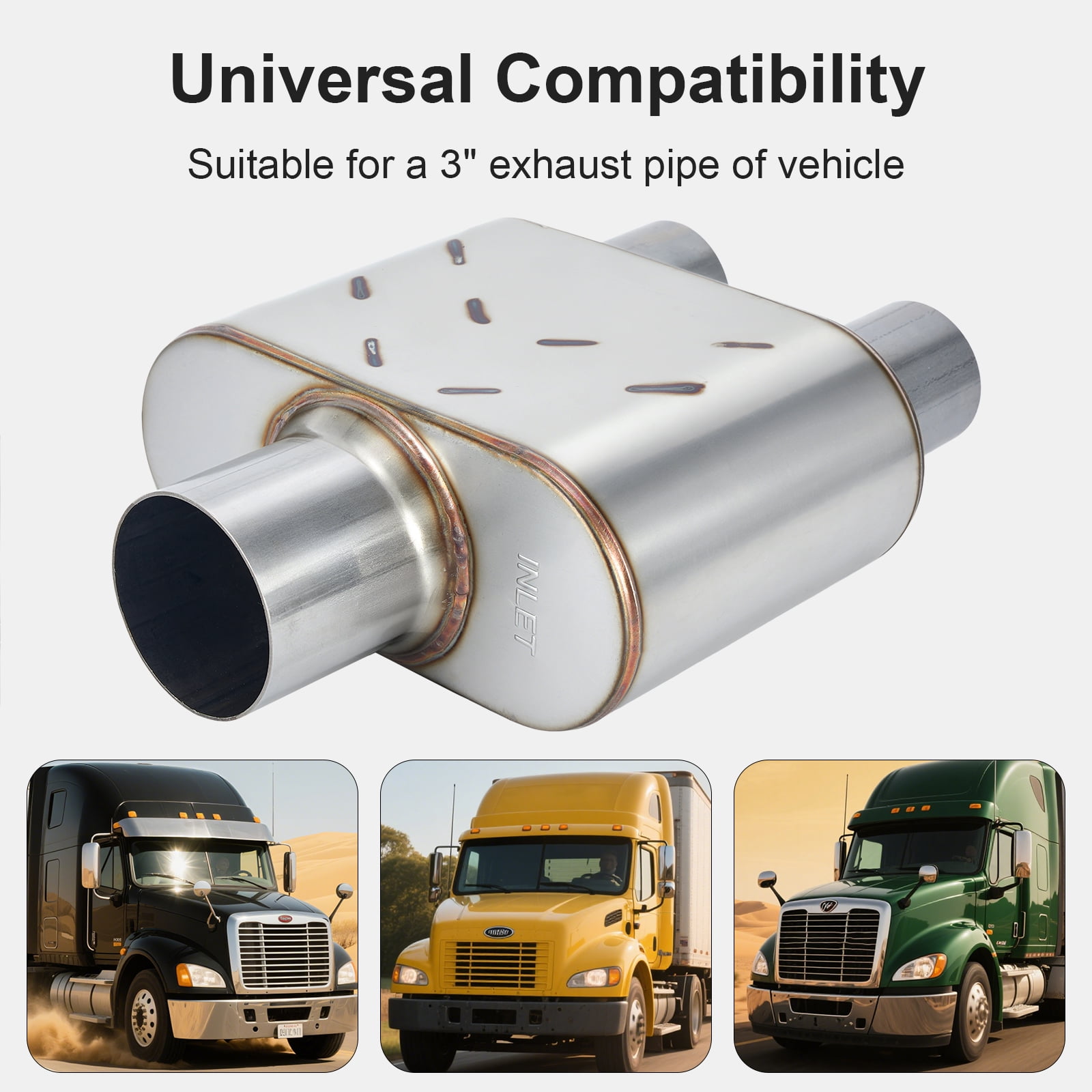 Universal Exhaust Muffler, Single Chamber Performance Muffler for Cars Trucks, Stainless Steel, 3" Center Inlet 2.25" Dual Outlet, Overall Length 13"