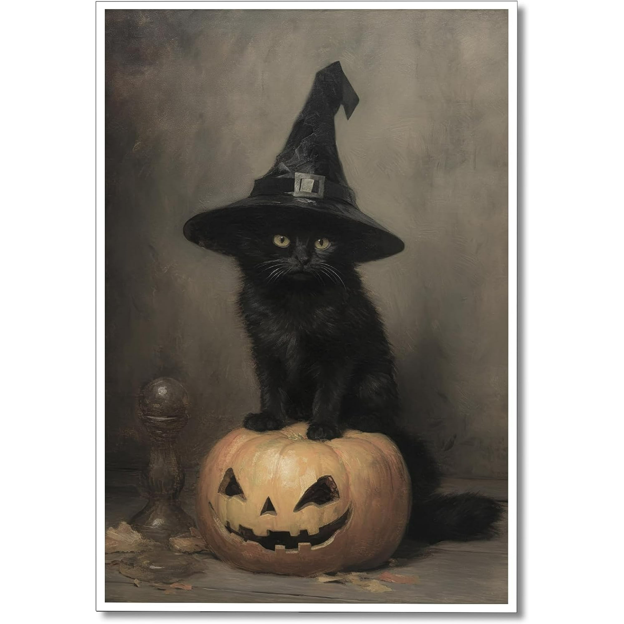 LAICAIW Vintage Halloween Canvas Wall Art, Cute Black Cat Witchy