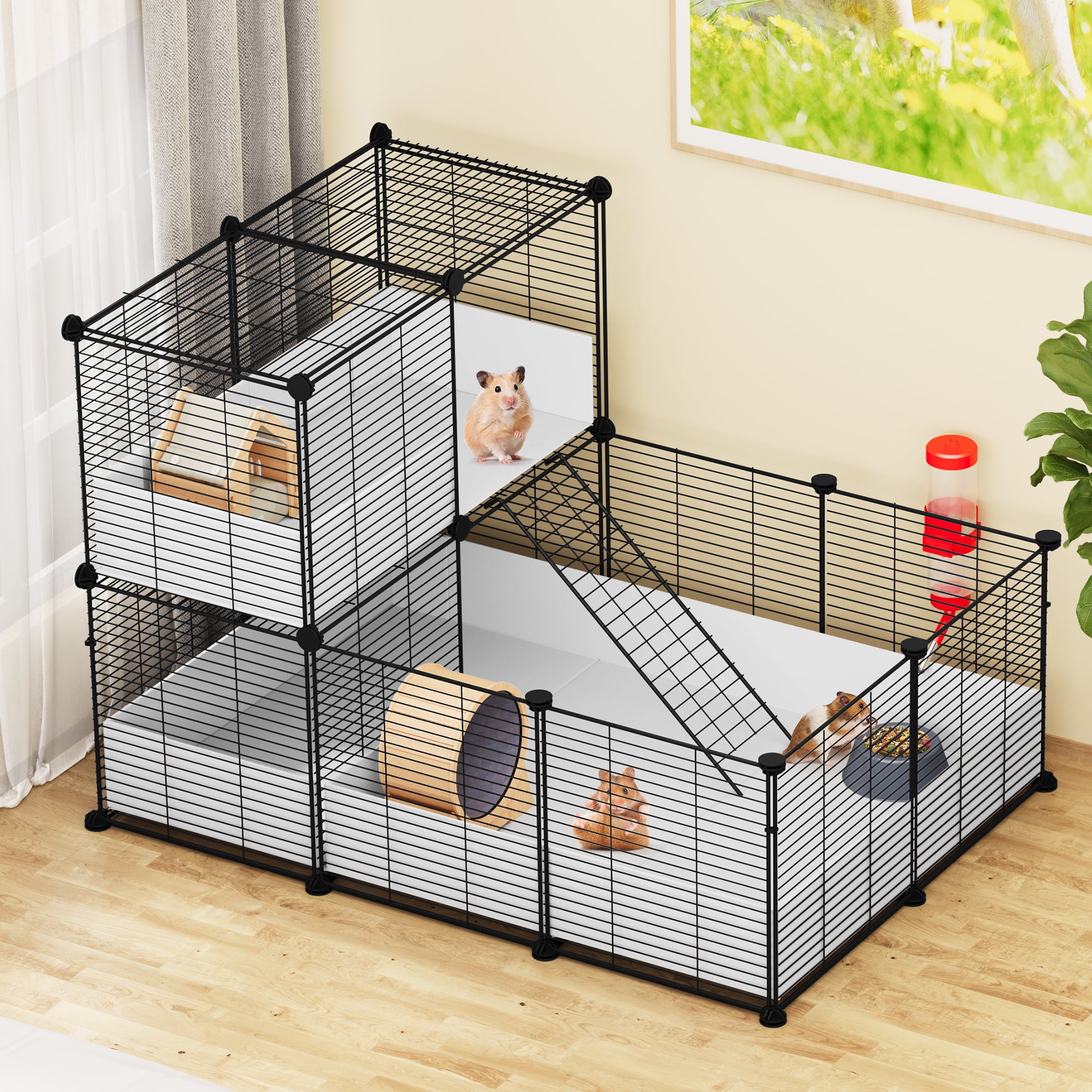 Dextrus Small Animal Cage: Indoor Guinea Pig Cage with Waterproof Plastic Liner, Loft and Partition for Bunny, Chinchilla, and Hamster. Versatile Habitat Fence Playpen with 25PCS Panels