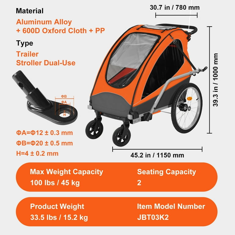 SKYSHALO Child Bike Trailer Dual Seating for Toddlers Convertible 2 in 1 Canopy Stroller Foldable Tow Behind Bicycle Carrier Universal Fit Coupler Supports up to 100 lbs Orange Gray Walmart