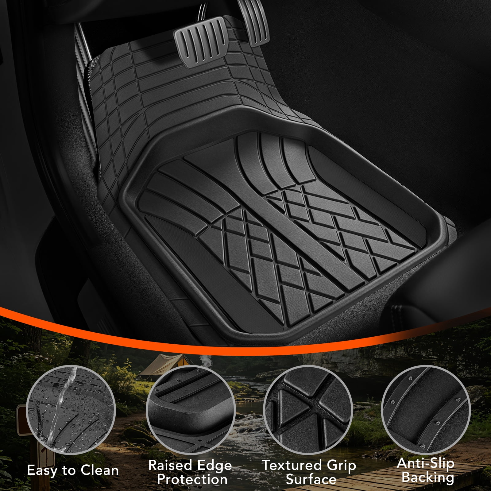 Ozark Trail Rubber Car Floor Mats, Heavy Duty Rubber Floor Mats, Injection Molded Aluminum Film, Trim-to-Fit All Weather Mats, Waterproof Easy-Clean Front and Rear Interior Protection, 3 Piece Black