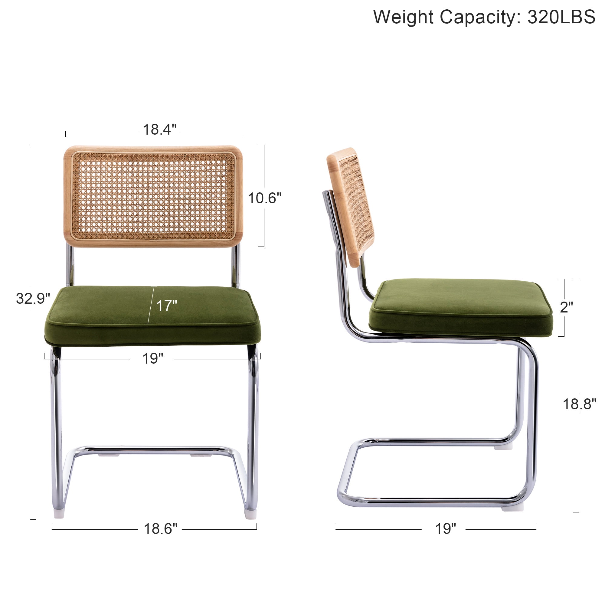 Zesthouse Rattan Dining Chairs Set of 2, Velvet Upholstered Side Chairs with Cane Back and Chrome Legs, Mid-Century Modern Dining Living Room Kitchen Chairs, Green