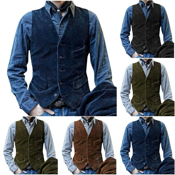 Dovford Mens V Neck Suit Vest Retro 5 Button Suede Leather Regular Fit Casual Waistcoat for Prom,Husband Gift,Daily Wear