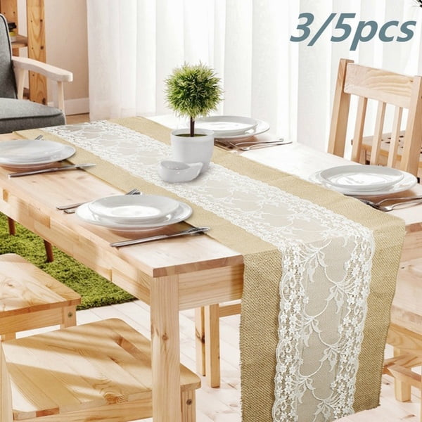 Rustic Burlap Natural Jute Table Runner With Lace For Wedding Anniversary Decors 