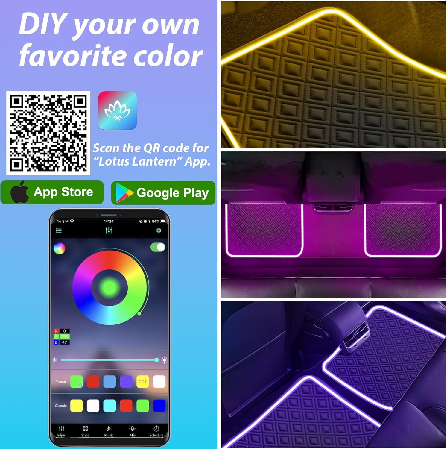 Car Floor Mats with Led Strip Light, Universal Fit Black Automotive Carpet, Interior Car Lights Floor Mats, App Control Faux Leather Anti-Slip Waterproof Neon Car Decor Accessories for SUV,Sedan Etc.