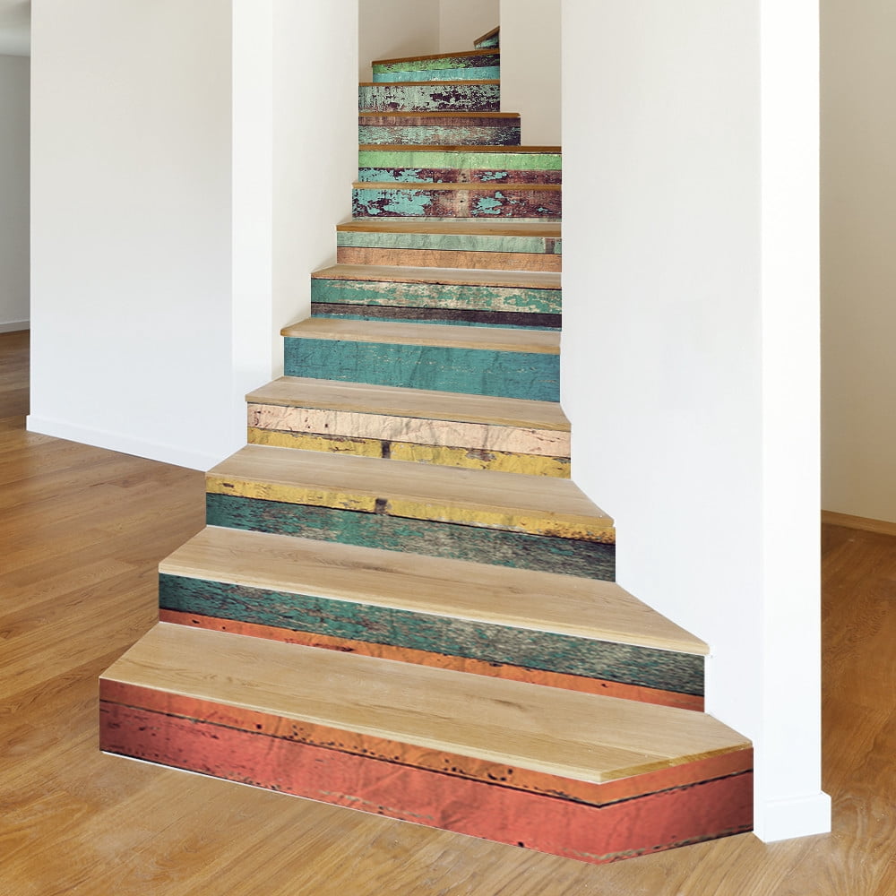 13PCS Farmhouse Self-Adhesive Stair Riser Stickers, Peel and Stick Contact Paper Staircase Decal, 39.37"x7.09", Color Wood