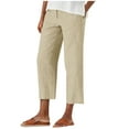 thumbnail image 3 of QATAINLAV Womens 2025 Summer Cotton Linen Beach Pants Casual Button High Waisted Capris Pant Solid Color Wide Leg Cropped Work Pants with Pockets Khaki S Today Sales, 3 of 7