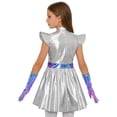 thumbnail image 2 of vastwit Kids Girls Alien Outfit Metallic Cap Sleeves Mock Neck Robot Mini Dress with Gloves 2Pcs Set Silver 16, 2 of 5