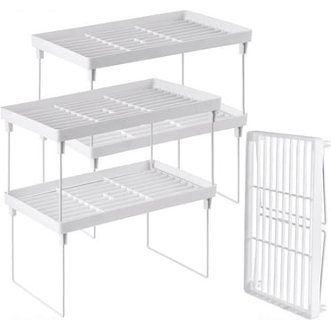 NiHome 4Pack Stackable Plastic Kitchen Storage Shelf Foldable Rack, White Kitchen Cabinet Organizer and Storage Shelves Stackable Expandable Storage Racks for Counter Cabinet Pantry