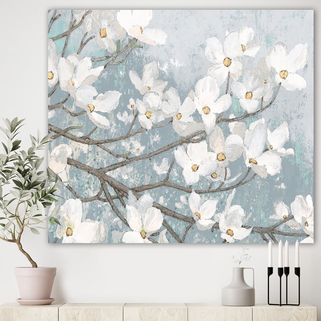 Designart - Blue on Grey Blossoms - Traditional Canvas Artwork