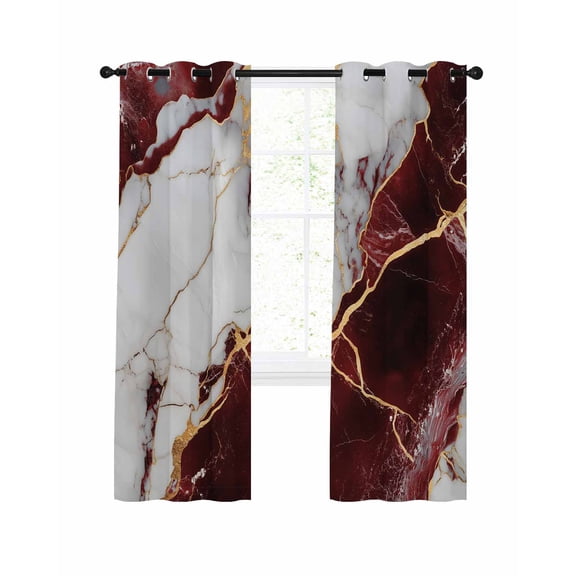 Marble Red Blackout Curtains 45 Inches Long for Bedroom, Modern Abstract Gold White Brick Stone Motif Thermal Insulated Room Darkening Black Out Window Curtain Panels Grommet Drapes for Living Room