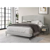Boucle Upholstered California King Platform Bed Frame, Wing Back Headboard, Light Gray