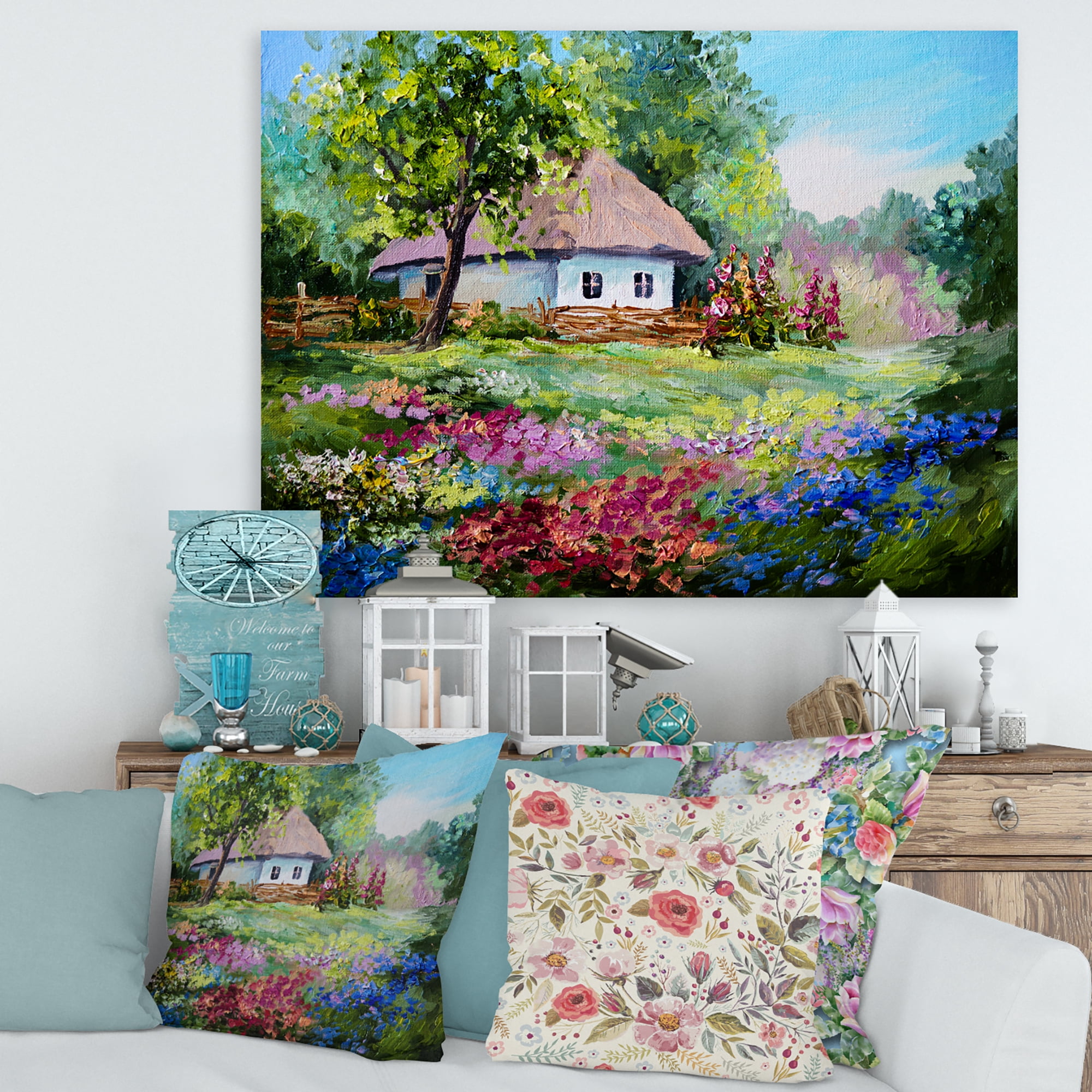 Designart ' House With Blossoming Flowers On The Mountain I ' Traditional Canvas Wall Art Print