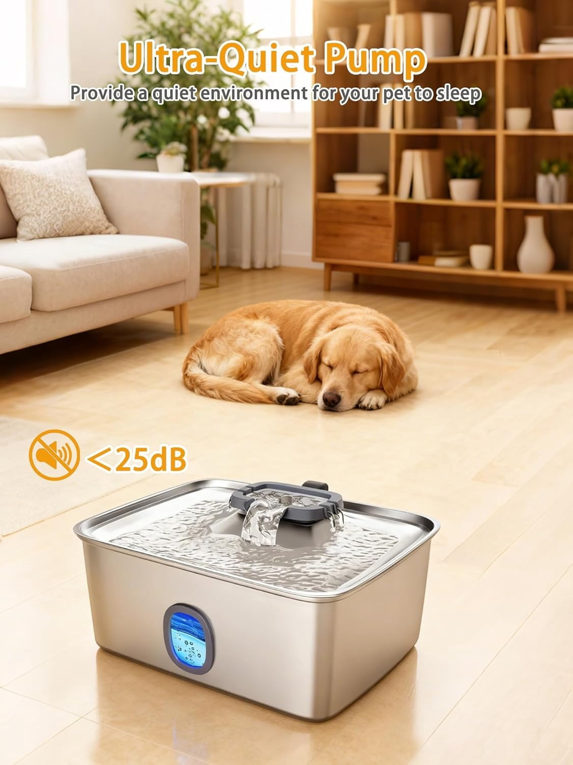 4Gal/15L Large Dog Water Fountain, Stainless Steel Pet Fountain with Water Window & LED Light, Ultra Quiet Automatic Dog Water Bowl Dispenser for Large Dogs & Multi-pet, Easy to Clean FS76