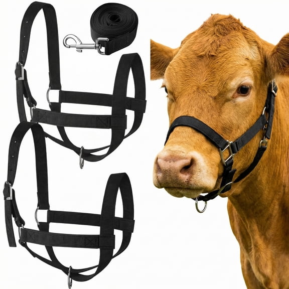 Lsupdaol 2 Pieces Nylon Cow Halter with 2 Pieces Leading Rope Adjustable Foal Halter Horse Calf Harness for Donkey Cattle Goat Training(Black)