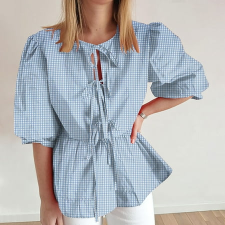 Women Y2K Puff Short Sleeve Peplum Shirts Tie Front Ruffle Hem Babydoll Blouse Tops Teen Girls Lace up Cute Summer Tops  Limited Time Clearance Under 10 Dollars