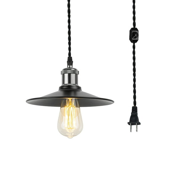 KAYYELAMP Hanging Light Black Metal Shade Matte Black Base 15 Feet Plug in Cord Dimming Pendant light Vintage Design for Kitchen Island Dining Table Loft Bar(No Bulb)