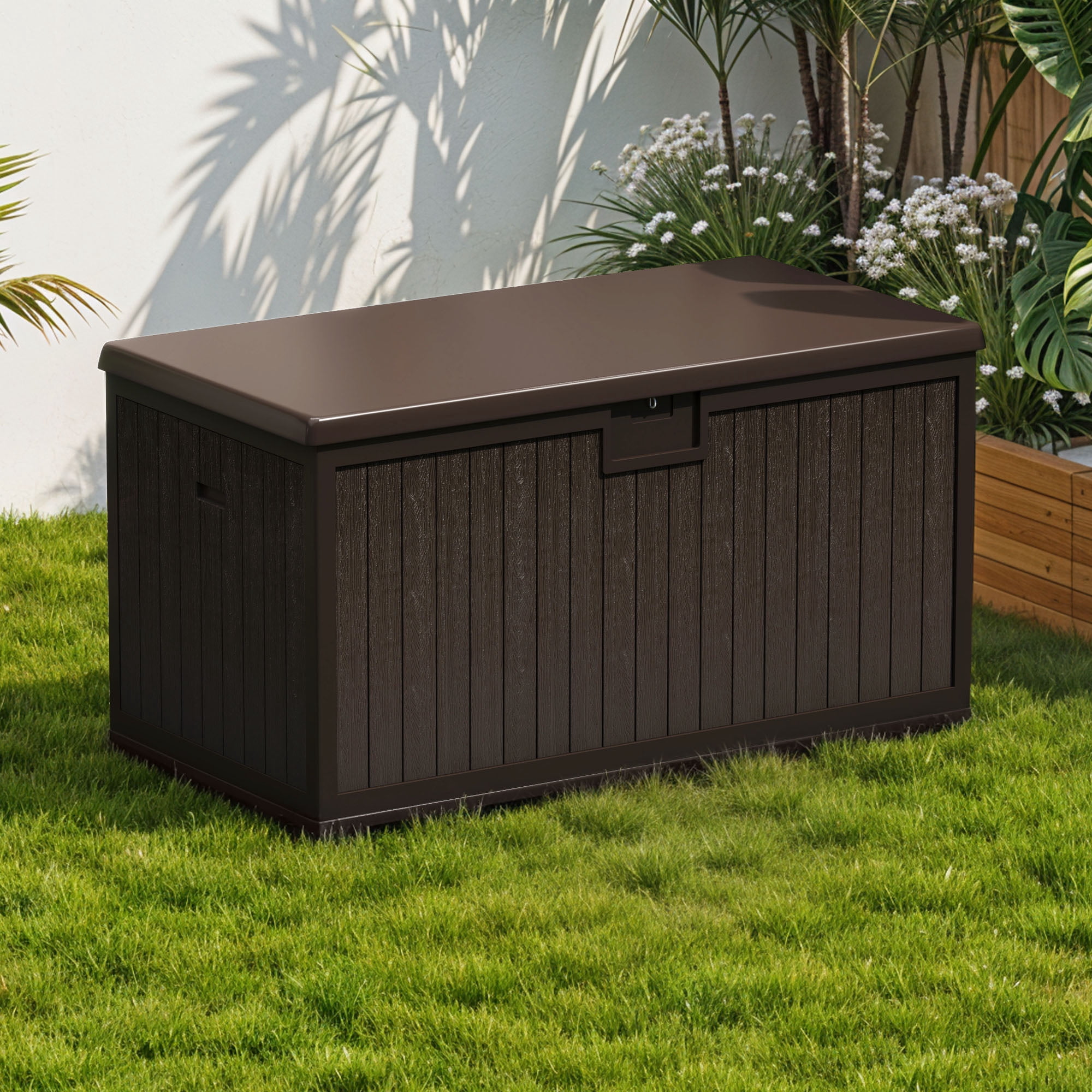 Uforic 230 Gallon Large Deck Box, Outdoor Weatherproof Resin Storage Box with Flexible Divider, Waterproof & Lockable, Brown