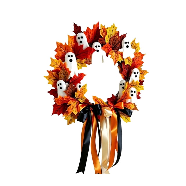 HWRETIE Halloween Ghost Maple Leaf Wreath,Party Scene Wreath,Maple Leaf Ribbon Door Hanging
