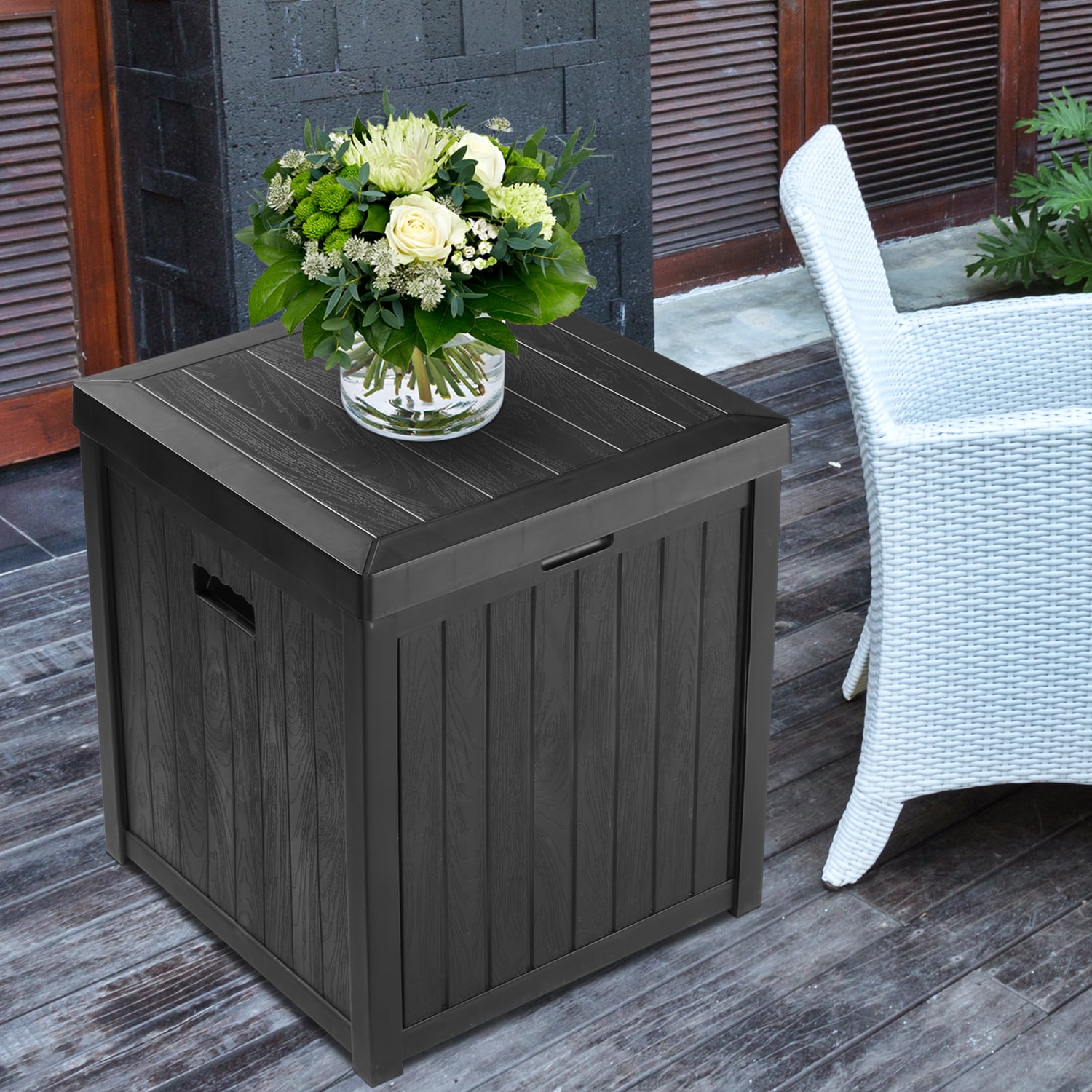 Ainfox Patio Storage Deck Box Carbon Black All Weather Resin Wicker Deck Box Storage Container Bench Seat Outdoor Storage Plastic Bench Box 