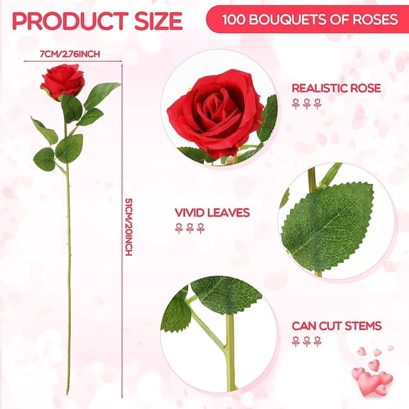 100 Pieces Artificial Roses Flowers Bulk, Long Stem Realistic Fake Silk Roses Bouquet for Table Centerpiece Vases Wedding Party Kitchen Decor(Red)
