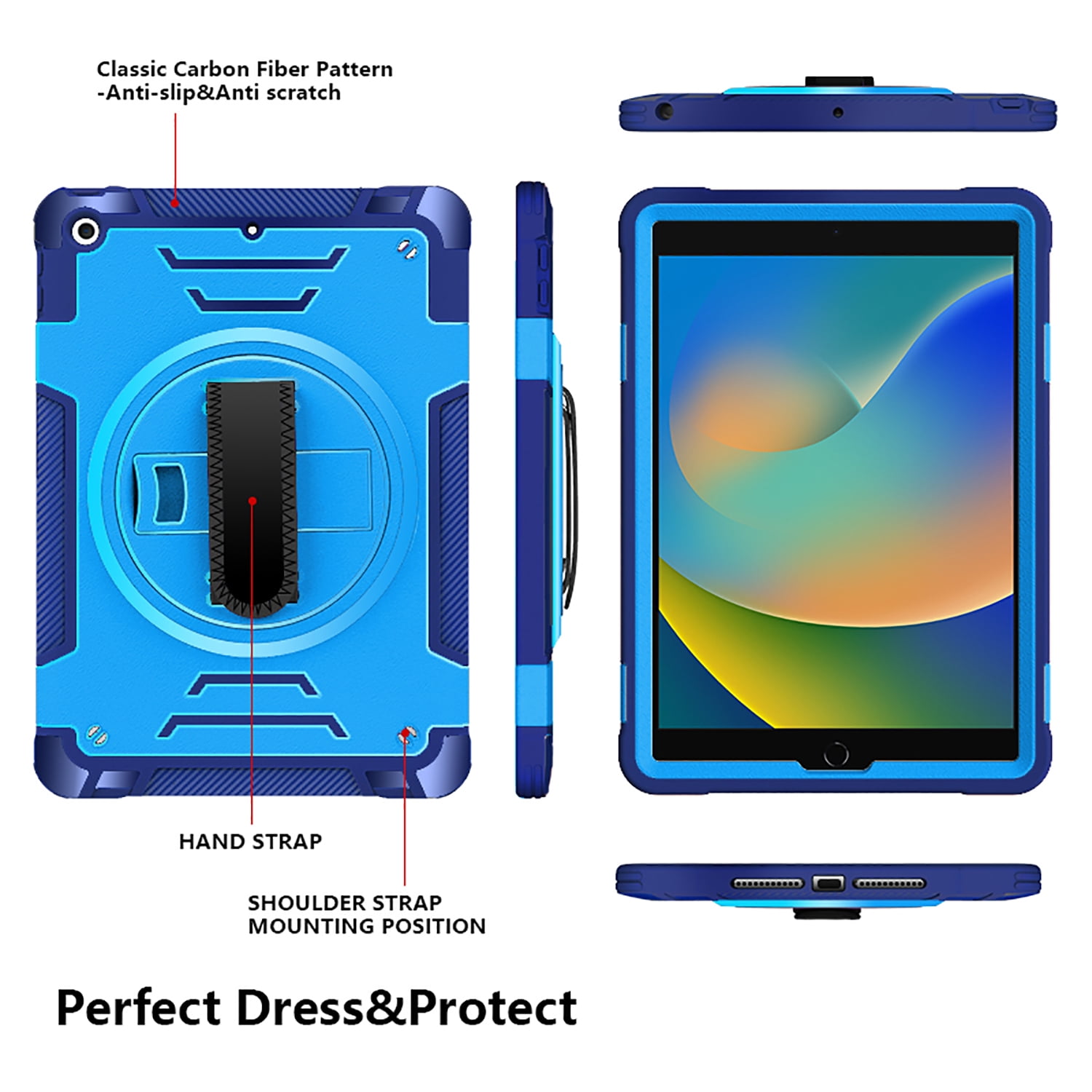 Shockproof Case for Apple iPad 9th/8th/7th Generation, with Pencil Holder Military Grade Protection Rotating Stand Hand Strap Shoulder Strap Bumper Rugged Case for iPad 10.2" 2021/2020/2019, Blue