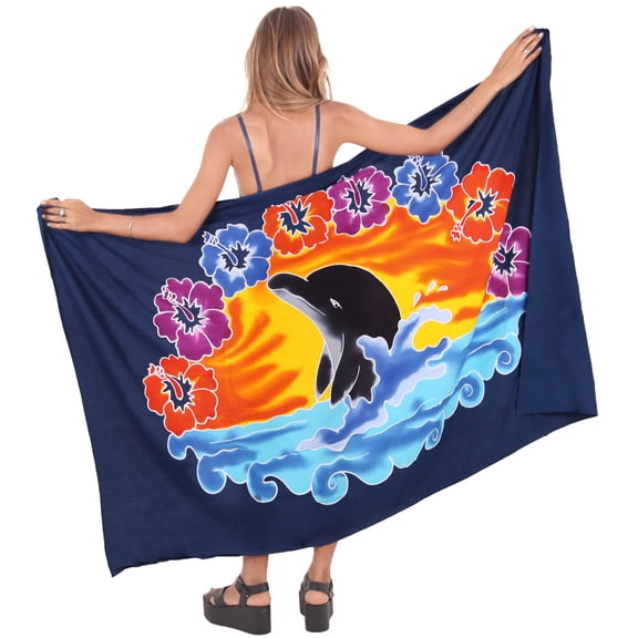 HAPPY BAY Women's Beachwear Summer Beach Wrap Bikini Wraps Sarong Swimwear Swim Cover up Skirt Pareo Coverups for Women One Size Navy Blue, Dolphin Floral