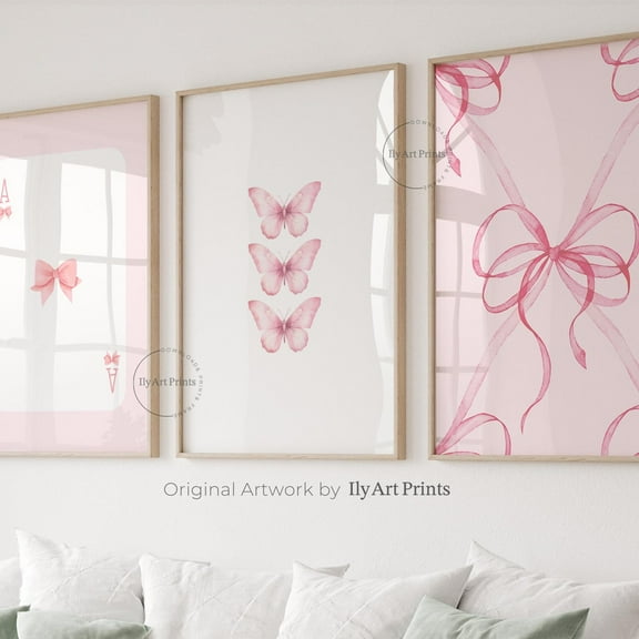 Luvia Trendy Pink Bows Gallery Set Of 3, Coquette Room Decor, Preppy Butterflies Apartment Decor Girly Dorm Room Decor, Modern Wall Decor Set 3 Prints 8x12 UNFRAMED