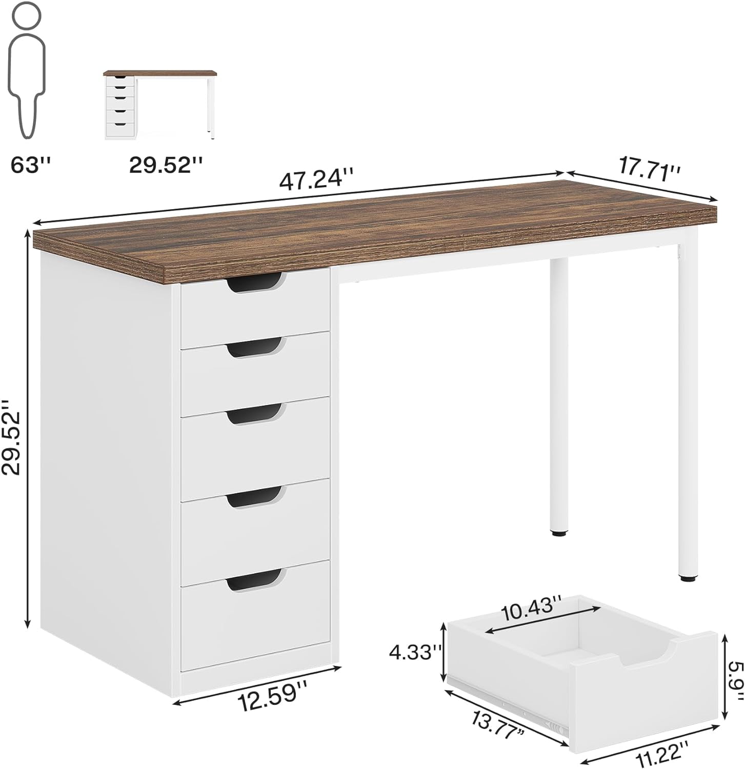 Tribesigns Modern Computer Desk with 5 Drawers, 47 in Brown Home Office Desk with Storage for Adult