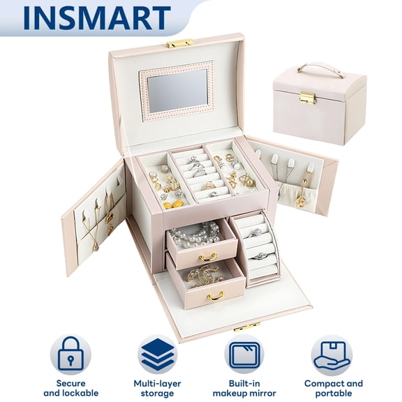 INSMART Jewelry Box Organizer,Jewelry Box for Women Organizer,3 Layer Jewelry Storage Box with Mirror,PU Leather Jewelry Display Case for Bracelets, Earrings, Rings, Necklaces