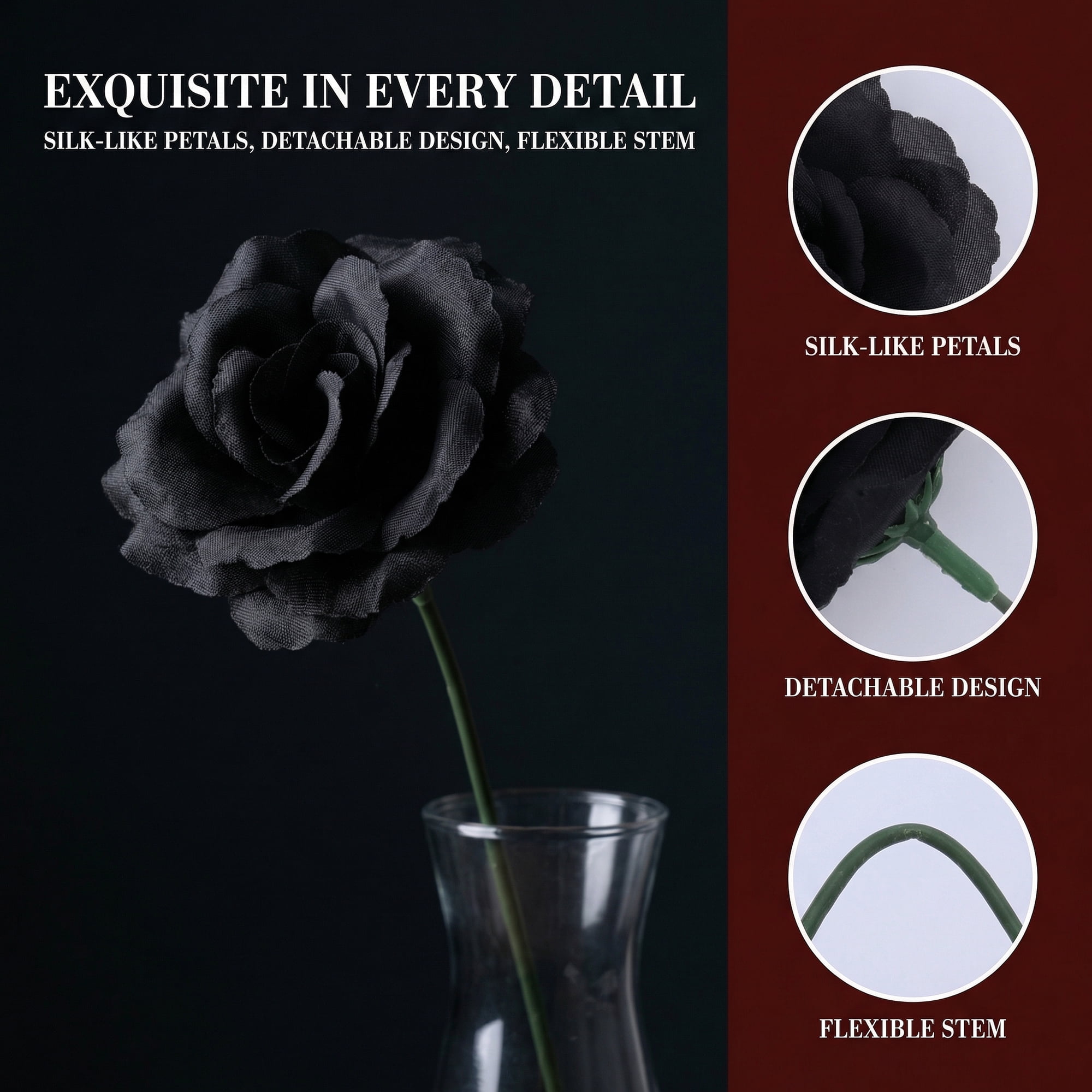 Unique Bargains Artificial Roses Silk Flowers with Detachable Heads Black 5.9inch