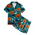 thumbnail image 5 of KPOPLK Girls Short Sleeve Halloween Pajamas Set for Kids Cute Print Collared Tops and Shorts Pjs Set Satin Silk Lightweight Kids Halloween 2 Pieces Outift,Size 2-3 Years, 5 of 5